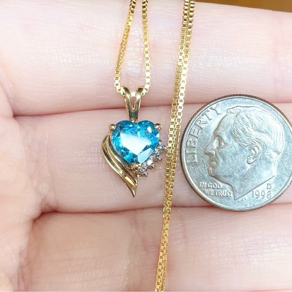 london blue topaz heart cut 10k solid yellow gold open heart diamond pendant - Picture 6 of 9